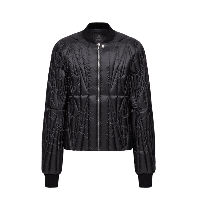 Image 1 of 1 - BLACK - RICK OWENS X MONCLER Geocamo Flight Down Bomber Jacket featuring ultra-light polyester lining, wool blend knit trim, down-filled, bomber collar, zipper and snap button closure, welt pockets with snap button closure, inner zipped pockets, ribbon at the back and embroidered logo patch. 100% polyester. Padding: 90% down, 10% feather.