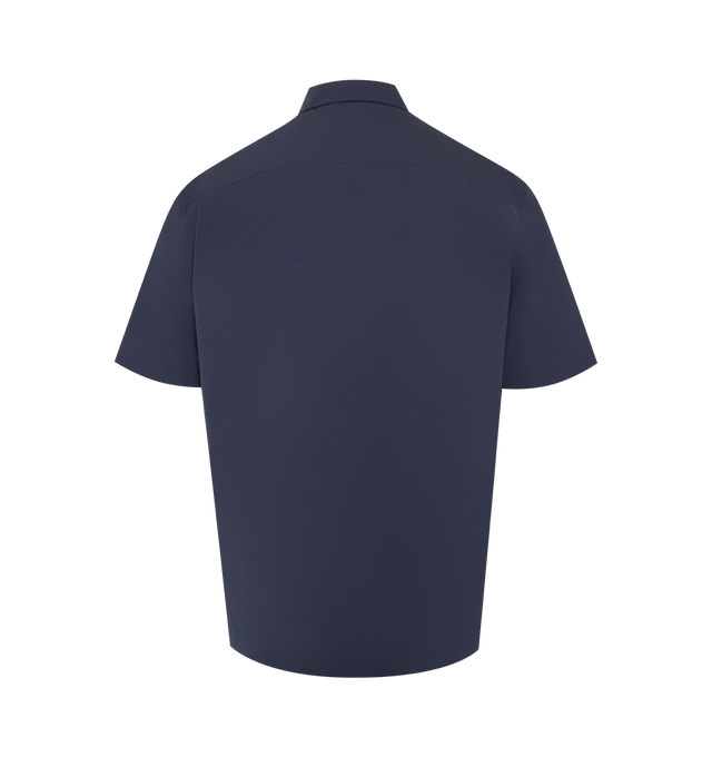Image 2 of 2 - NAVY - LOEWE PAULA'S IBIZA Short sleeve shirt in lightweight textured cotton blend poplin featuring relaxed fit, regular length, classic collar, button front fastening, chest patch pocket and anagram crafty embroidery placed on the chest pocket. Cotton/polyamide. Made in Italy.