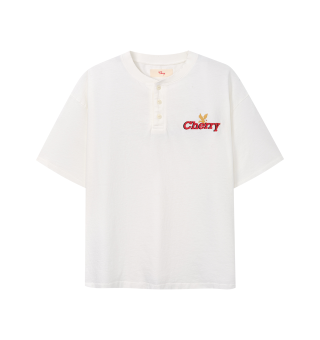 Image 1 of 6 - WHITE - Cherry LA Men's Henley T-Shirt is crafted from cotton and features a boxy-fit silhouette with a classic Henley neckline. Designed with embroidered detailing at the front, this elevated everyday essential combines relaxed proportions with signature Cherry LA styling. Main Material: Cotton. Made in Los Angeles, California.
