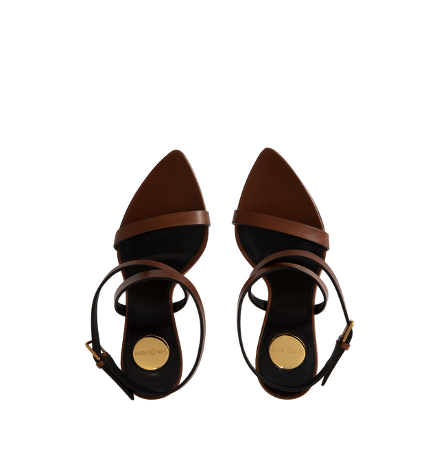 Image 4 of 4 - BROWN - SAINT LAURENT Gippy Wedge Sandal featuring ankle buckle closure, pointed toe and wedge heel. 4.3 inch wedge. Leather upper and sole. Made in Italy.