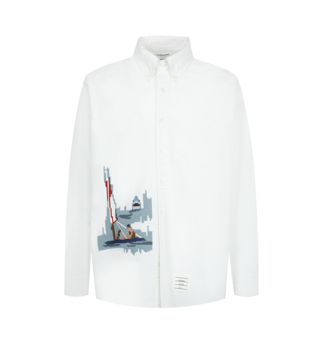 Image 1 of 2 - WHITE - THOM BROWNE Scenic Sailboat and Shark Oxford Shirt featuring front button closure, button-down point collar, patch chest pocket, reinforced pleated back yoke with locker loop, buttoned cuffs, sailboat and shark embroidery on front, name tag appliqu, signature striped grosgrain loop tab and straight fit. 100% cotton. Made in Italy.