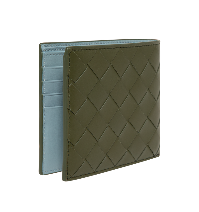 Image 2 of 3 - GREEN - Bottega Veneta Intrecciato Bi-Fold Wallet featuring intrecciato calfskin leather wallet with contrasted interior, eight card slots, two bill compartments, two additional pockets. 3.7 x 4.3 x 0.4. Calfskin. Made in Italy.