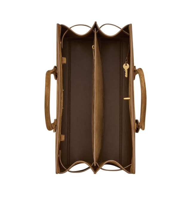 Image 5 of 5 - BROWN - SAINT LAURENT Sac De Jour Large Bag in suede featuring cassandre padlock, an east/west format, lined in leather, top handles, bronze-tone hardware, toggle hook closure, accordion sides, two compartments separated by a removable zip pouch and interchangeable suede strap and canvas strap. 14" x 10.8" x 2.88.3". Calfskin. Made in Italy.