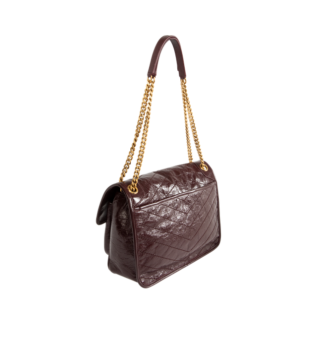 Image 2 of 4 - RED - NIKI Medium Bag in vintage leather featuring chevron-quilted topstitching, sliding leather-and-chain strap allows for both shoulder and crossbody carry, chrome-free, metal-free tanned leather, certified cotton lining, bronze-tone hardware, magnetic snap closure, one back pocket and one open pocket under flap. 11" x 7.9" x 3.3". Calfskin leather. Made in Italy.