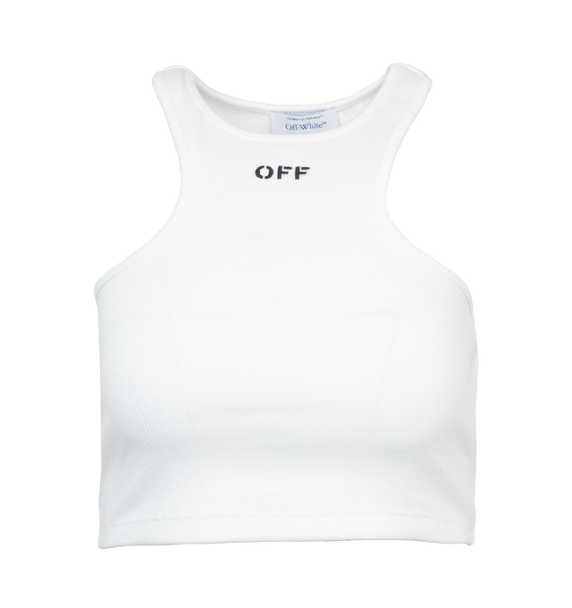 Image 1 of 3 - WHITE - OFF-WHITE Off Stamp Rib Rowing Top featuring sleeveless crop top with OFF logo at front. 98% cotton, 2% elastane. 
