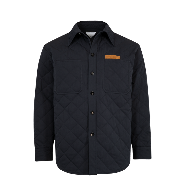 Image 1 of 3 - BLACK - BOTTEGA VENETA Quilted Cotton Overshirt featuring lightweight matte technical cotton with Intrecciato suede patch, water-repellent, button closure, lined and regular fit. 79% cotton, 21% polyamide. Made in Italy.