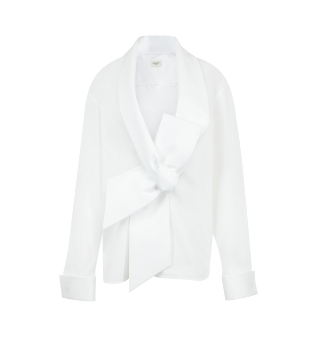 Image 1 of 3 - WHITE - Saint Laurent oversized lavallire shirt in cotton poplin blouse featuring a plunging lavallire collar, exaggerated shoulders with boning, front button closure and french cuffs. 100% cotton. Made in Italy.
