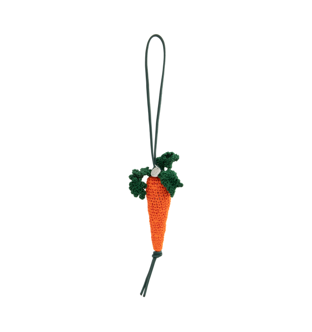Image 1 of 2 - ORANGE - JW ANDERSON Carrot Cotton Bag Charm featuring carrot shape, strap at top, branded medallion, all-over hand-crocheted, padded and leather trims. 11cm x 3cm. 100% cotton.