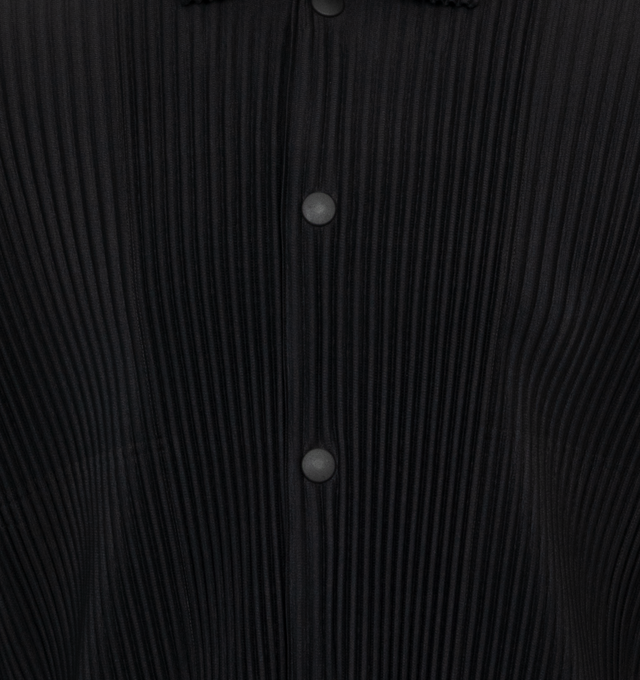 Image 3 of 3 - BLACK - ISSEY MIYAKE Long Sleeve Shirt featuring spread collar, press-stud closure, welt pockets, concealed drawstring at hem, dropped shoulders and unlined. 100% polyester. Made in Japan. 