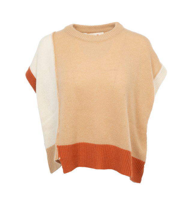 Image 1 of 4 - BROWN - MARNI Asymmetrical Length Cashmere Sweater featuring crewneck, short sleeves, ribbed trim, hip length, relaxed fit and pullover style. 100% cashmere. Made in Italy. 