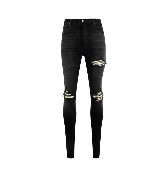 Image 1 of 3 - BLACK - AMIRI MX1 Ultrasuede Jeans featuring Italian stretch denim, hand-distressed and repaired with pleated suede, five-pocket detailing and zip fly with button closure. 92% cotton, 6% elastomultiester, 2% elastane. Made in the USA.