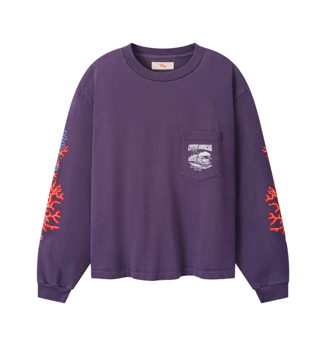 Image 1 of 6 - PURPLE - Cherry LA Men's American Freight Longsleeve T-Shirt is crafted from heavyweight cotton and features a boxy-fit silhouette with long sleeves and rib-knit cuffs. Designed with screen-printed graphics at the front, back, and sleeves, this statement style combines durable construction with bold Cherry LA artwork. Main Material: Heavyweight Cotton. Made in Los Angeles, California.