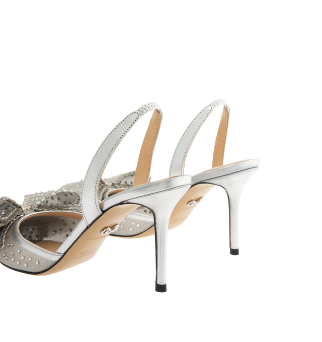 Image 3 of 4 - SILVER - MACH & MACH Le Cadeau Crystal Mesh Slingback featuring an elasticated slingback strap, a high stiletto heel, crystal embellishments and bow detailing. The heel height measures 85mm. Made in Italy.