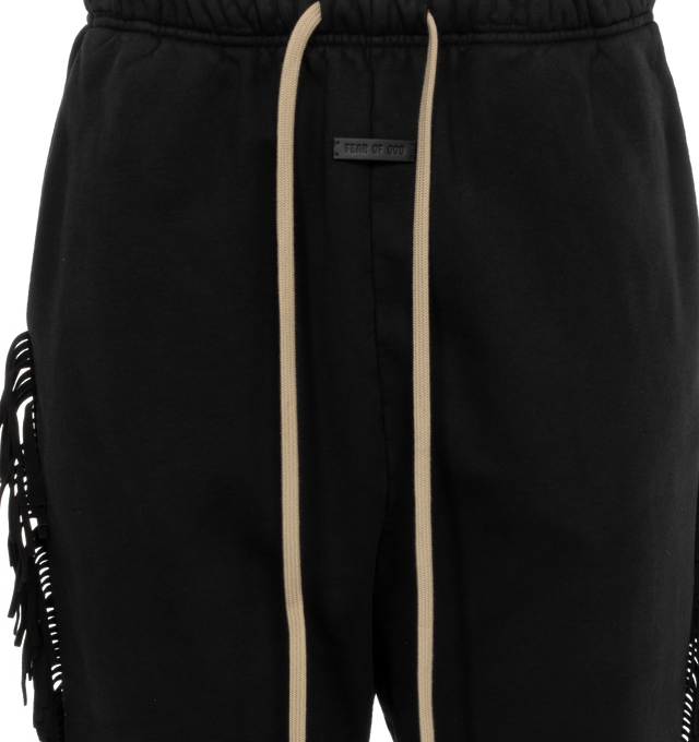 Image 4 of 4 - BLACK - FEAR OF GOD Fringe Sweatpants featuring cotton fleece, fringe suede trim throughout, drawstring at elasticized waistband, two-pocket styling and rubberized logo patch at front. 100% cotton. Trim: 100% leather. Made in United States. 