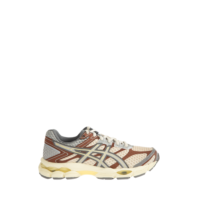 Image 1 of 5 - BROWN - ASICS Emmi X GEL-CUMULUS 16 Sneaker featuring a combination of matte synthetic leather overlays, no-sew paneling, open mesh underlays, dual GEL technology inserts, FLUIDRIDE and FLYTEFOAM technologies.