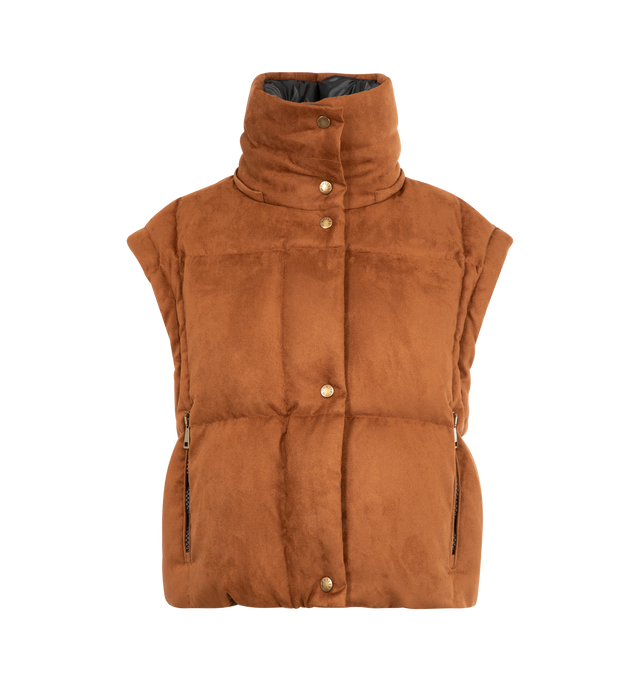 Image 3 of 4 - BROWN - MONCLER Paterne 2-in-1 Hooded Short Down Jacket featuring polyester lining, down-filled, detachable and adjustable hood, detachable sleeves, zipper closure and zipped pockets. 98% polyester, 2% elastane/spandex. Padding: 90% down, 10% feather.