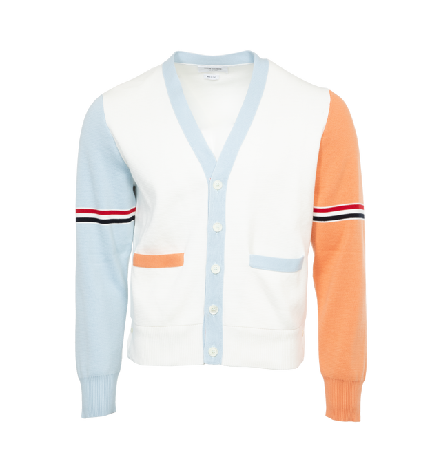 Image 1 of 3 - MULTI - THOM BROWNE Milano Stitch Colorblock Cotton V-Neck Cardigan featuring front button closure, v-neck, long sleeves, ribbed cuffs and hem, front patch pockets and button side vents. 100% cotton. Made in Italy.  