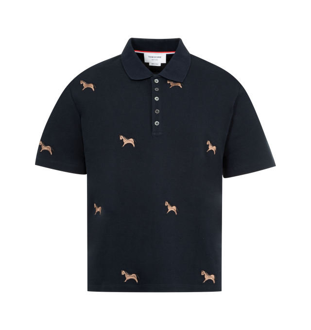 Image 1 of 3 - NAVY - THOM BROWNE Lunar New Year Pique Horse Embroidery Polo featuring partial front button closure, ribbed collar, buttoned side vents with RWB grosgrain trim, stepped hem, allover horse embroidery, name tag appliqu and signature striped grosgrain loop tab. 100% cotton. Made in Italy.