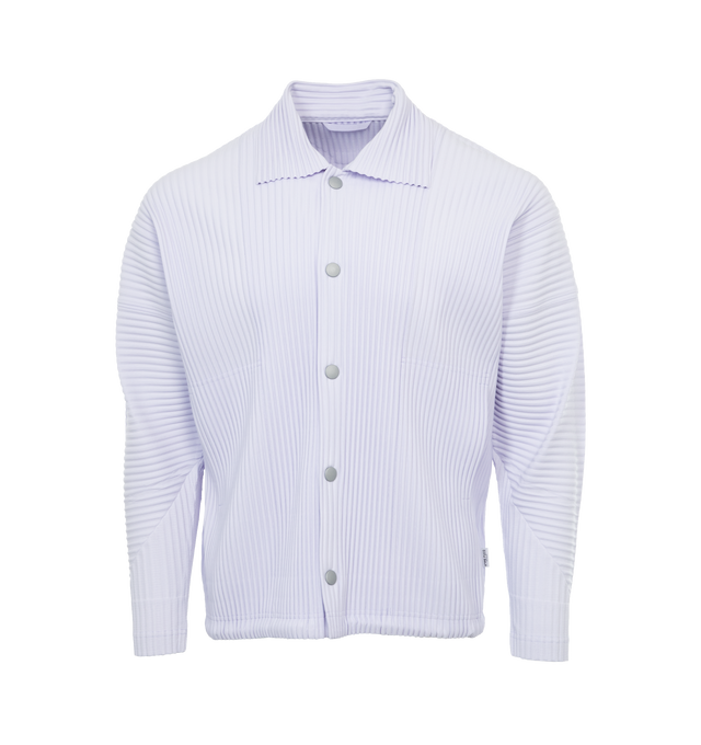 Image 1 of 3 - PURPLE - ISSEY MIYAKE Long Sleeve Shirt featuring spread collar, press-stud closure, welt pockets, concealed drawstring at hem, dropped shoulders and unlined. 100% polyester. Made in Japan. 