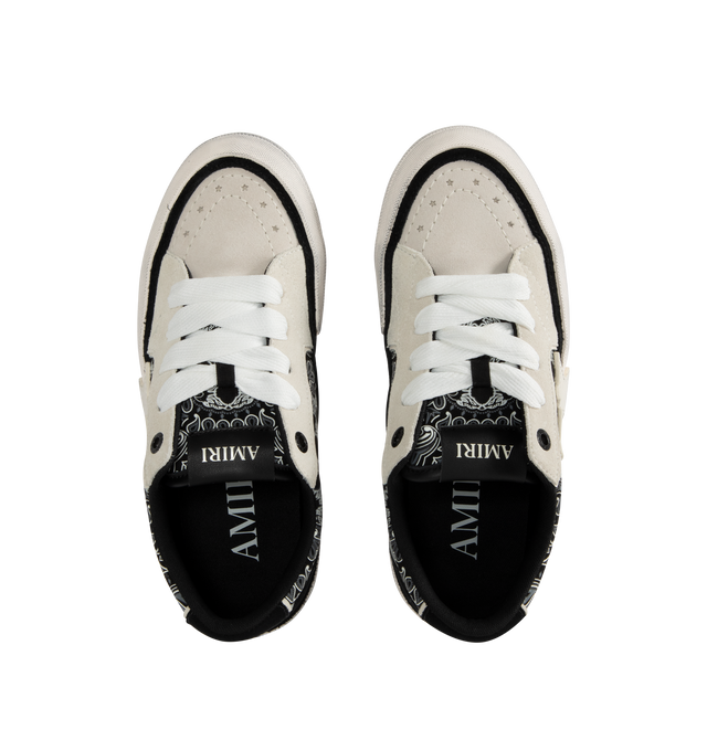 Image 5 of 5 - BLACK - AMIRI Sunset Skate Low-Top Sneakers featuring low-top sneakers in leather with bandana paneling, flat heel, round toe, lace-up vamp, wide shoelaces, logo on the tongue, leather lining, padded collar, heel logo, lather star appliqus on the sides and rubber outsole.