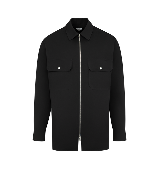 Image 1 of 2 - BLACK - BOTTEGA VENETA Wool Grain De Poudre Overshirt featuring wool grain de poudre overshirt, zipper closure with metal knot zipper pull and relaxed fit. 100% wool. Made in Italy.