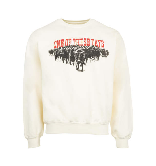 Image 1 of 2 - WHITE - ONE OF THESE DAYS Stampede Crewneck featuring crewneck, ribbed cuffs and hem, long sleeves, relaxed fit and graphic print on front. 100% cotton.