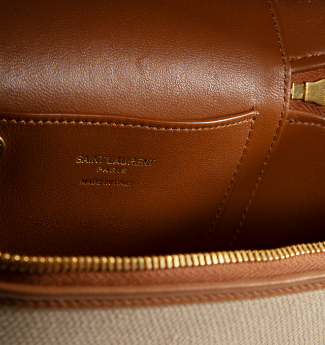 Image 3 of 3 - BROWN - SAINT LAURENT Gaby Mini Vanity Bag in canvas with smooth leather trims featuring a leather top handle and trims, detachable shoulder strap, zip closure and a discreet internal card slot. 18cm x 11cm x 6.5cm. Canvas. Leather lining. Made in Italy.