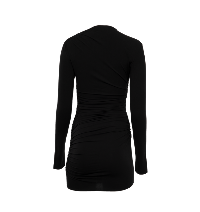 Image 2 of 3 - BLACK - SAINT LAURENT Ruched Dress featuring long sleeves, mini length, crew neck and ruched detail. 100% wool.  
