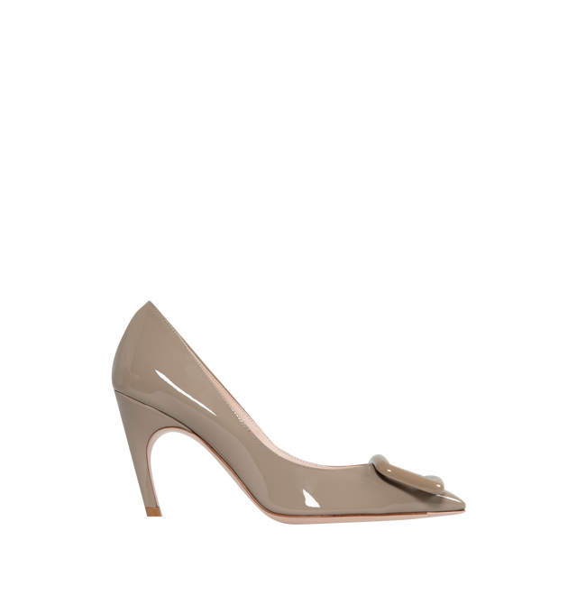 Image 1 of 4 - NEUTRAL - ROGER VIVIER Viv' Choc Lacquered Buckle Pumps in Patent Leather featuring tapered toe, branded lacquered buckle and leather outsole. Heel 3.3 inches. Made in Italy. 