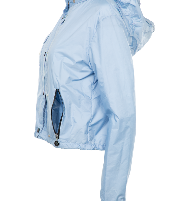 Image 3 of 5 - BLUE - MONCLER Lico Rain Jacket featuring packable zipped hood, high collar, front press-stud closure, one press-stud flap pocket on chest, two side zip pockets, drawstring on hem and elasticated cuffs. 100% polyamide. 
