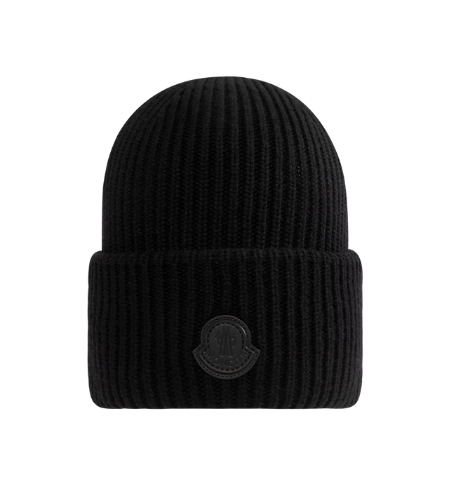 Image 1 of 2 - BLACK - MONCLER Cashmere Beanie featuring rib knit, gauge 7 and leather logo patch. 100% cashmere. Made in Bulgaria.