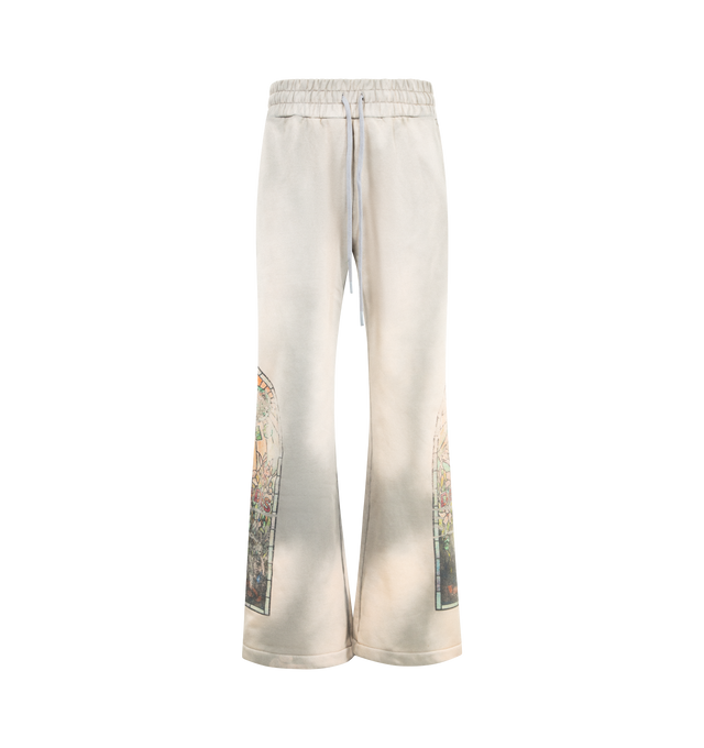 Image 1 of 4 - GREY - WHO DECIDES WAR Faded Sweatpant featuring relaxed fit, faded graphic in chapel window pattern, flared legs, two back pockets and elasticated drawstring waistband. 100% cotton.