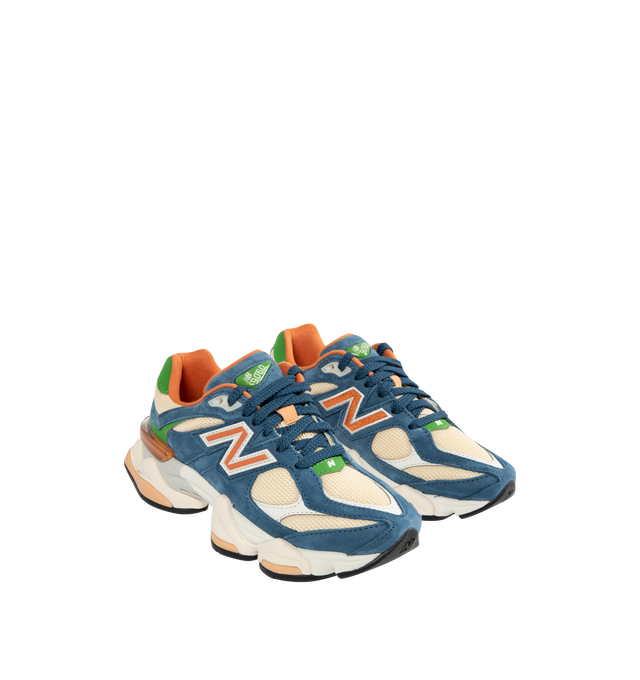 Image 2 of 5 - BLUE - NEW BALANCE 9060 Sneaker featuring mesh upper with suede overlays, dual-density midsole with ABZORB and SBS cushioning, tongue logo inspired by original 991 lace jewel, translucent CR device at heel and diamond outsole pattern.