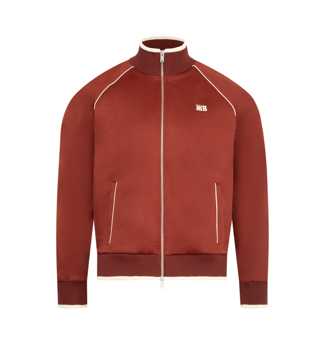 Image 1 of 3 - ORANGE - WALES BONNER Motion Track Top featuring funnel collar, front zip closure, front pockets, embroidered WB at chest and contrast piping. 55% polyester, 45% cotton. Made in Portugal.