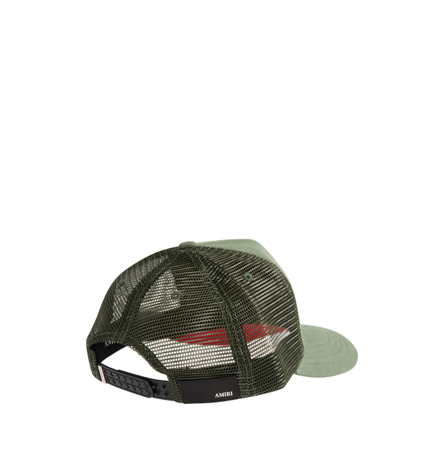 Image 3 of 3 - GREEN - AMIRI MA Trucker Hat featuring pieced mesh construction and a contrast embroidered logo graphic, mesh-paneled back and lined. Cotton/polyester. Made in USA.