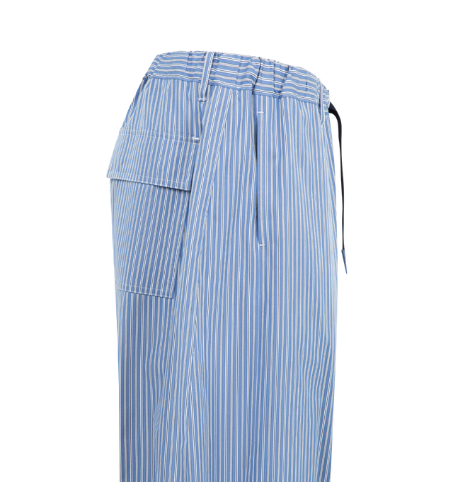 Image 3 of 3 - BLUE - SACAI Poplin Pants featuring wide leg, twisted seams, drawcord at waist and cuffs, side slit pockets, back flap pockets and striped. 100% cotton. Made in Japan.