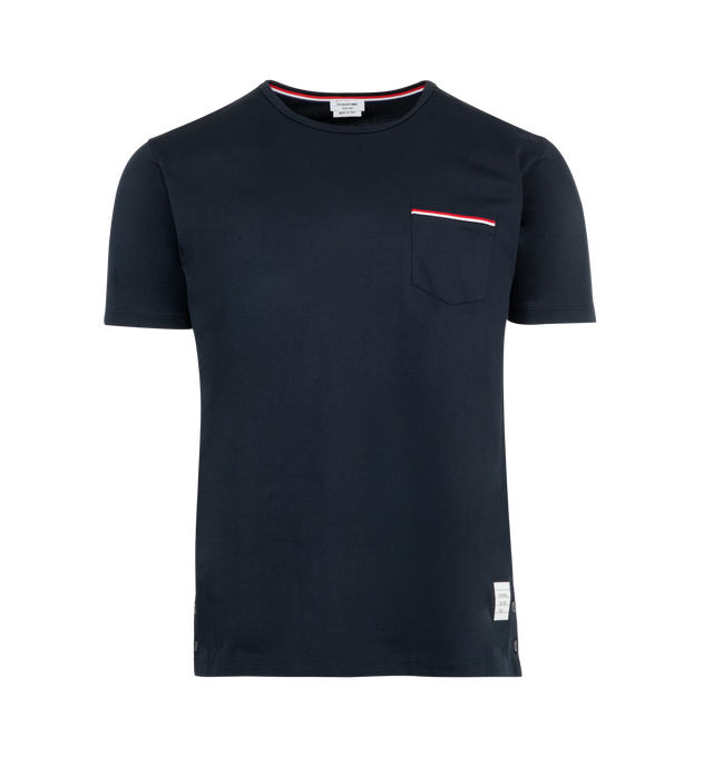 Image 1 of 2 - NAVY - THOM BROWNE Pocket Tee featuring single chest pocket, crew neck, short sleeves, name tag applique above hem and signature striped grosgrain loop tab at back of neck. 100% cotton. Made in Japan.