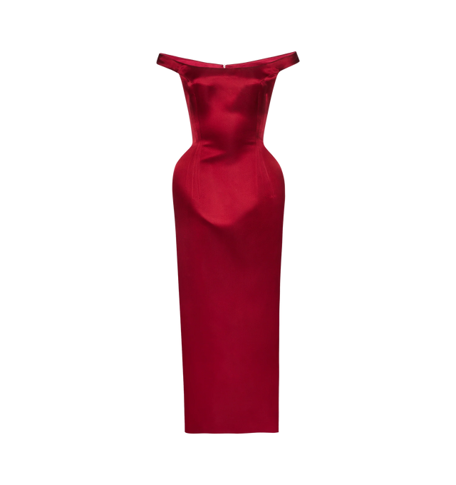 Image 1 of 2 - RED - MAGDA BUTRYM Off-Shoulder Midi Dress featuring midi length, hip pads, fitted bodice and a rounded off-shoulder neckline. 100% silk.