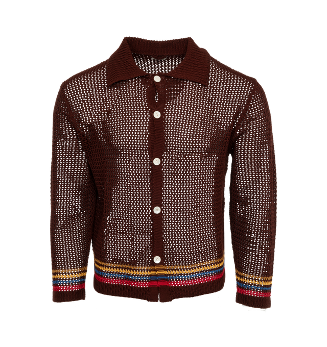 Image 1 of 1 - BROWN - BODE Bayberry Multi Overshirt featuring knit pattern, colorful stripes around the hem, five front buttons closure and collar. 100% cotton. Made in Peru. 