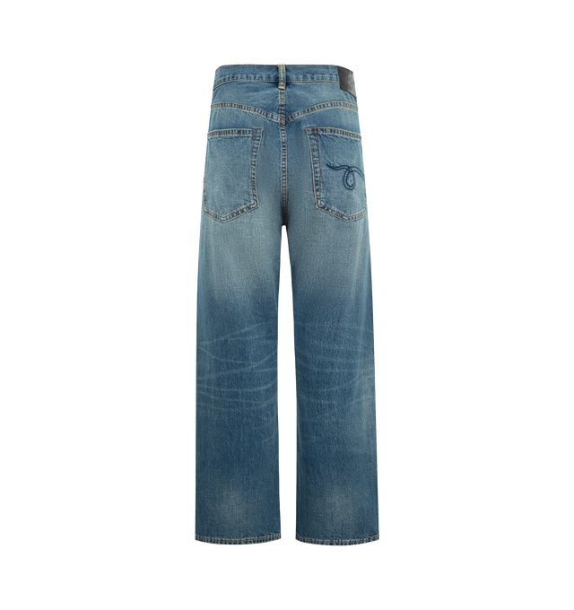 Image 2 of 3 - BLUE - R13 X-BF Jean featuring overall fading, relaxed fit, five-pocket style, zip button closure, leather logo patch on the back waist and contrast stitching. 100% cotton. Made in Italy.