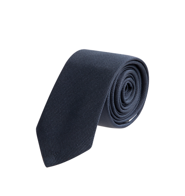 Image 1 of 2 - NAVY - THOM BROWNE Silk Browne 65 Tie featuring RWB grosgrain trim and name tag appliqu. 100% silk. Made in Italy.
