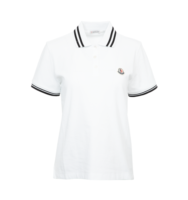 Image 1 of 3 - WHITE - MONCLER Logo Patch Polo Shirt featuring cotton piquet, collar with button closure, short sleeves and felt logo patch. 100% cotton. 