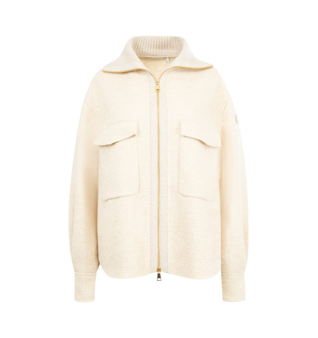 Image 1 of 3 - WHITE - MONCLER Boucl Wool Blend Zip-Up Shirt featuring wool blend boucl, longue saison lining, zipper closure, knit collar, chest pockets, adjustable cuffs and leather logo patch. 62% wool, 28% viscose/rayon, 10% polyamide/nylon. Made in Bulgaria.