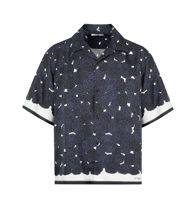 Image 1 of 3 - NAVY - GIVENCHY Bowling Shirt featuring front button closure, pattern detail throughout, short sleeves and spread collar. 100% silk. Made in Italy.