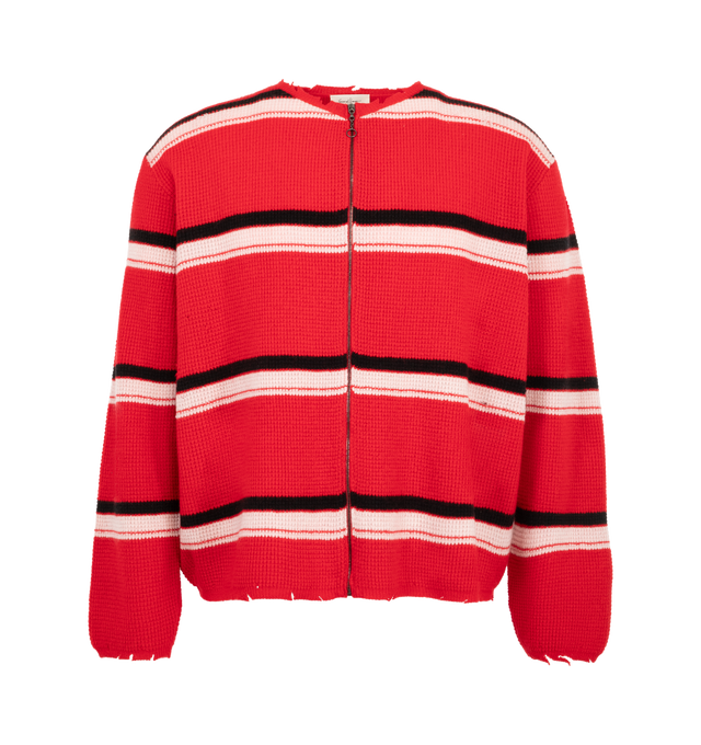Image 1 of 2 - RED - Second/Layer Friends Red Stripe Zip-Up Sweater is crafted from a premium Italian wool and cashmere blend and features a relaxed silhouette with dropped shoulders, a full-zip front closure, and a textured honeycomb waffle-knit construction. Designed with bold red, white, and black stripe detailing, this elevated knit is finished with lightly distressed edges, cropped proportions, and elasticized cuffs and hem for a vintage-inspired look. Main Material: Italian Wool and Cashmere Blend.