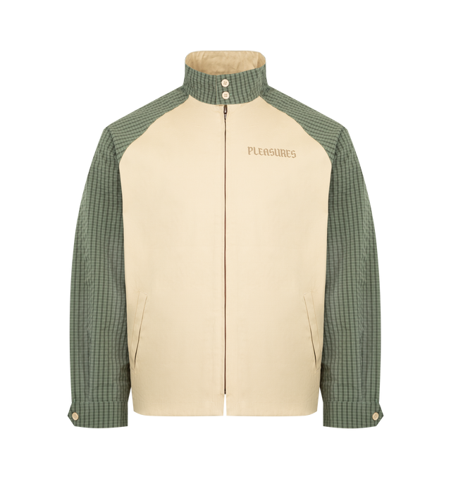 Image 1 of 3 - MULTI - PLEASURES Town Harrington Jacket featuring relaxed fit, contrast sleeves, woven label, zip front closure, button cuffs and front pockets. CottonPoly blended drill.