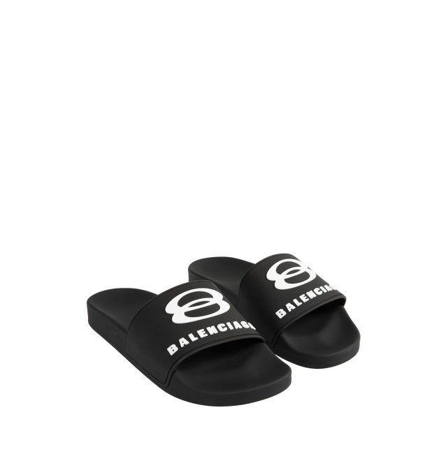 Image 2 of 4 - BLACK - BALENCIAGA Pool Slide Sandal featuring molded rubber footbeds, unity sports icon artwork on the strap and tone-on-tone sole and insole. Upper: polyurethane. Sole: EVA. Made in Italy.