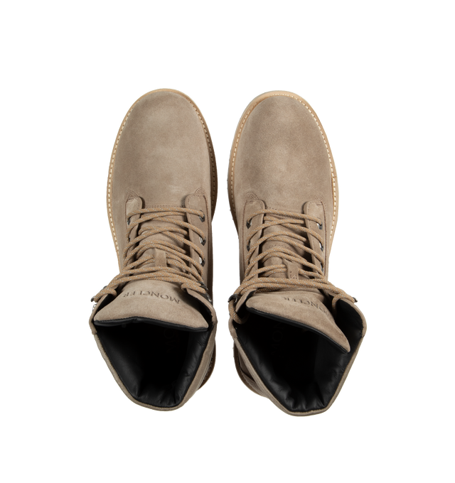 Image 4 of 4 - NEUTRAL - MONCLER Peka Trek Boots featuring suede and nylon upper, leather lining insole, lace closure, leather welt, micro rubber midsole and vibram rubber tread. Sole height 5.5 cm. 100% polyamide/nylon. Lining: cow. Sole: 100% elastodiene. 