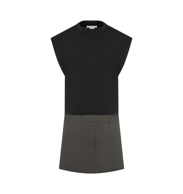 Image 1 of 3 - BLACK - ACNE STUDIOS Layered Short Dress featuring a cotton jersey top with ribbed neckline and a fluid herringbone-patterned skirt, layered construction, belt loops, pockets, a faux fly, branded studs, a chain at the back neckline, regular fit and mid-thigh length. 100% cotton. 100% viscose.