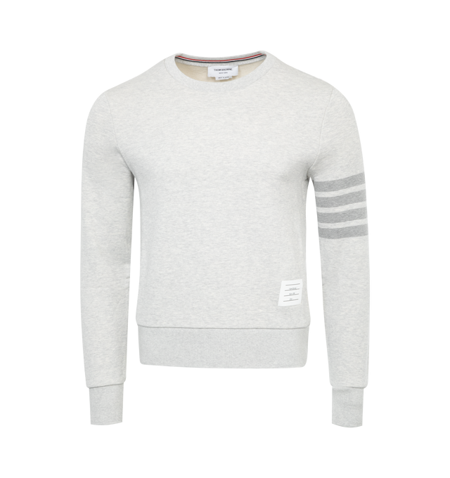 Image 1 of 2 - GREY - THOM BROWNE 4 BAR STRIPE CREW NECK featuring long sleeves, tonal 4-bar stripe, exterior name tag and signature grosgrain loop tab. 100% cotton. 